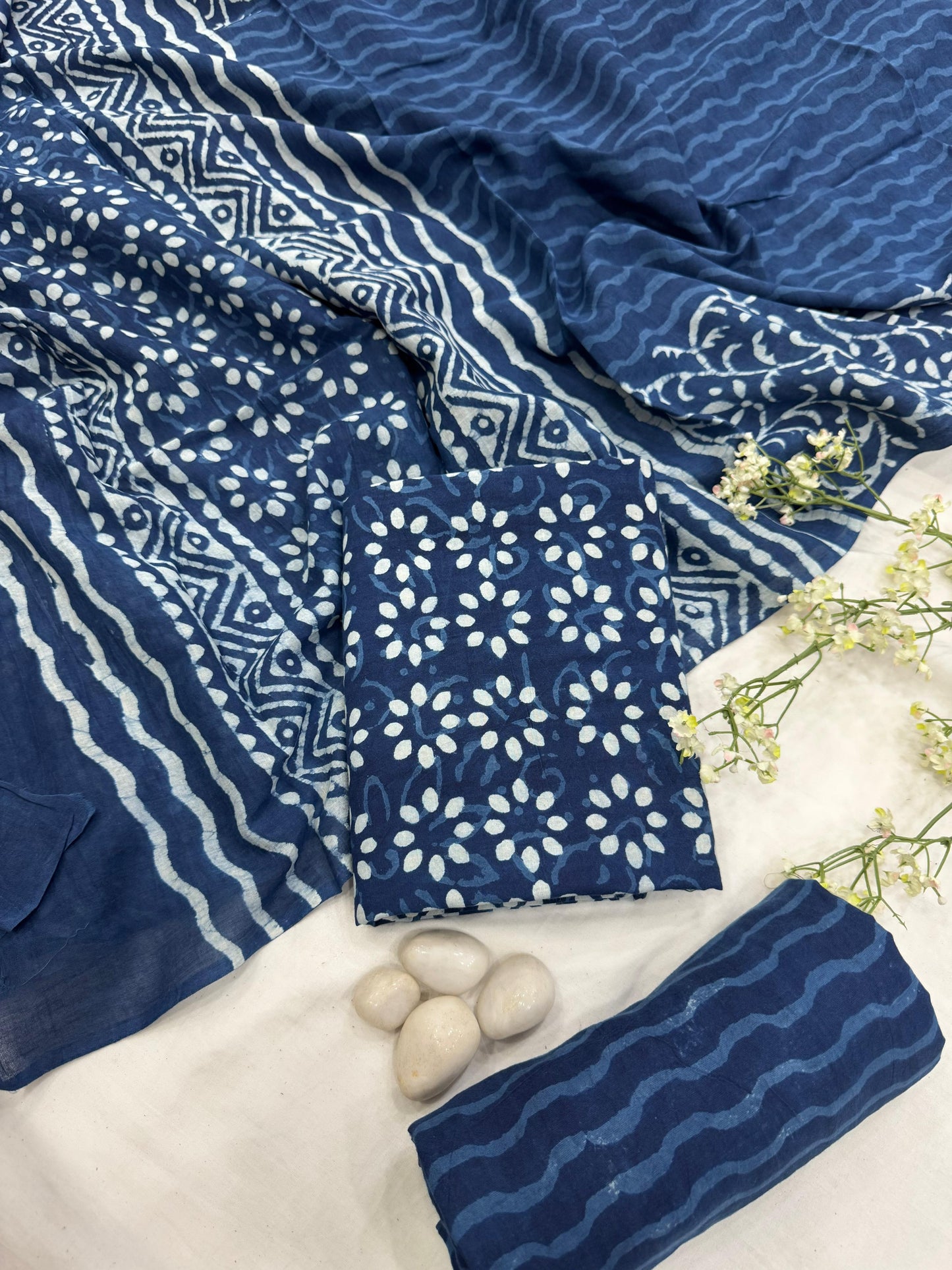 Wholesale Indigo Dabu Print Cotton Mul Dress Material – Natural Dyed Handblock Fabric, Artisan-Crafted in Rajasthan for Designers, Boutiques, and Bulk Orders