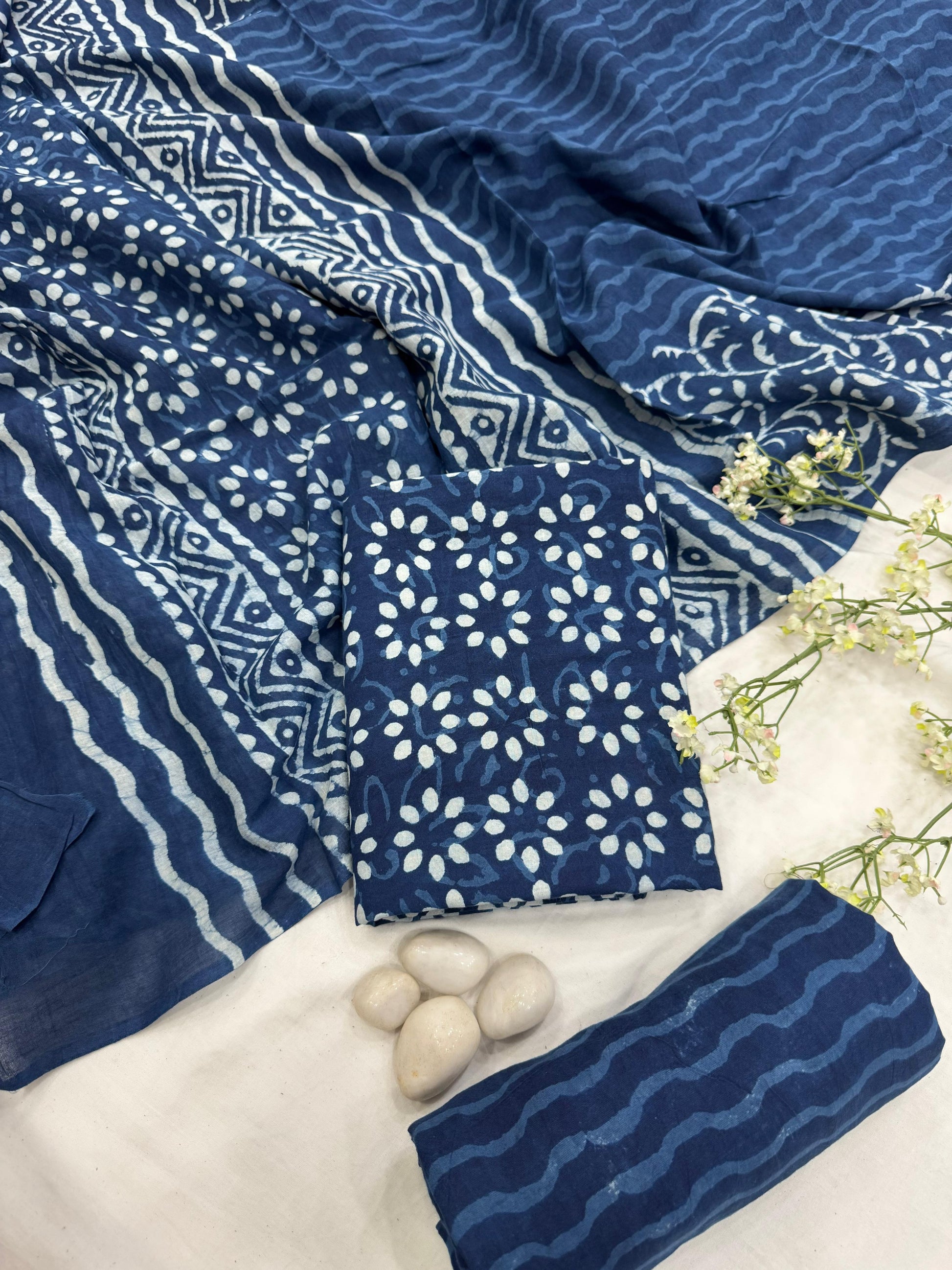 Wholesale Indigo Dabu Print Cotton Mul Dress Material – Natural Dyed Handblock Fabric, Artisan-Crafted in Rajasthan for Designers, Boutiques, and Bulk Orders