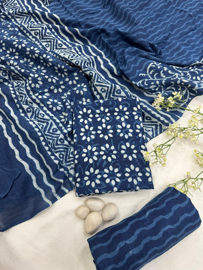 Wholesale Indigo Dabu Print Cotton Mul Dress Material – Natural Dyed Handblock Fabric, Artisan-Crafted in Rajasthan for Designers, Boutiques, and Bulk Orders