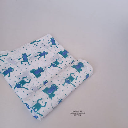 Artisan-crafted Jaipur Sanganeri Handblock Cotton Fabric in white and blue with monkey print, perfect for B2B wholesale orders.