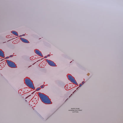 Wholesale Jaipur Sanganeri Handblock Cotton Fabric in white with butterfly motif print, slow-made by skilled artisans, perfect for B2B bulk orders.