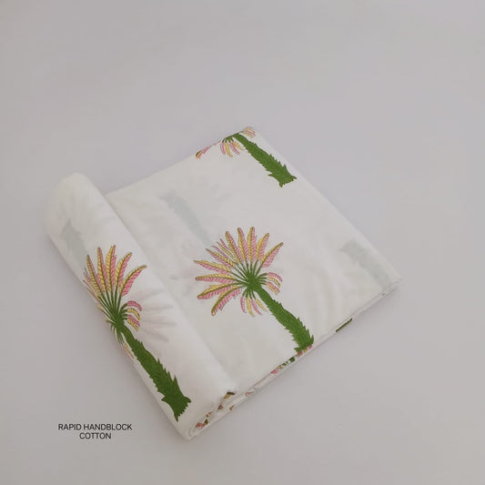 Wholesale Jaipur Sanganeri Handblock Cotton Fabric in white with coconut tree print, artisan-crafted for boutiques, designers, and retailers.