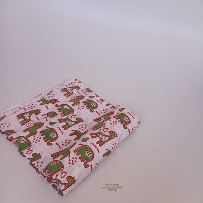 Artisan-crafted Jaipur Sanganeri Handblock Cotton Fabric in white and green with horse and camel print, ideal for boutiques, designers, and retailers.