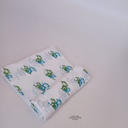 Wholesale Jaipur Sanganeri Handblock Cotton Fabric in white and green featuring monkey butti print, ideal for boutiques, designers, and retailers.