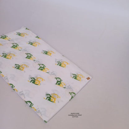 Jaipur Sanganeri Handblock Cotton Fabric in white with monkey motif print, handcrafted for B2B buyers, designers, and retailers.