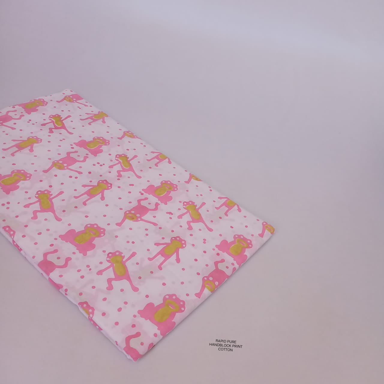 Artisan-crafted Jaipur-Sanganeri Handblock Cotton Fabric in white and pink featuring frog butti print, ideal for wholesale and boutique use.