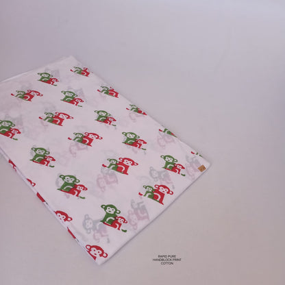 Wholesale Jaipur Sanganeri Handblock Cotton Fabric in white and red featuring monkey butti print, perfect for B2B bulk sourcing.