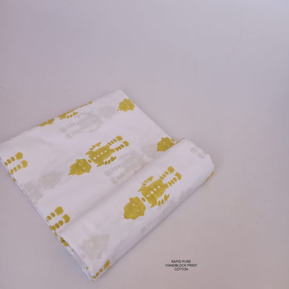 Artisan-crafted Jaipur Sanganeri Handblock Cotton Fabric in white and yellow featuring robot motif, ideal for B2B bulk orders.