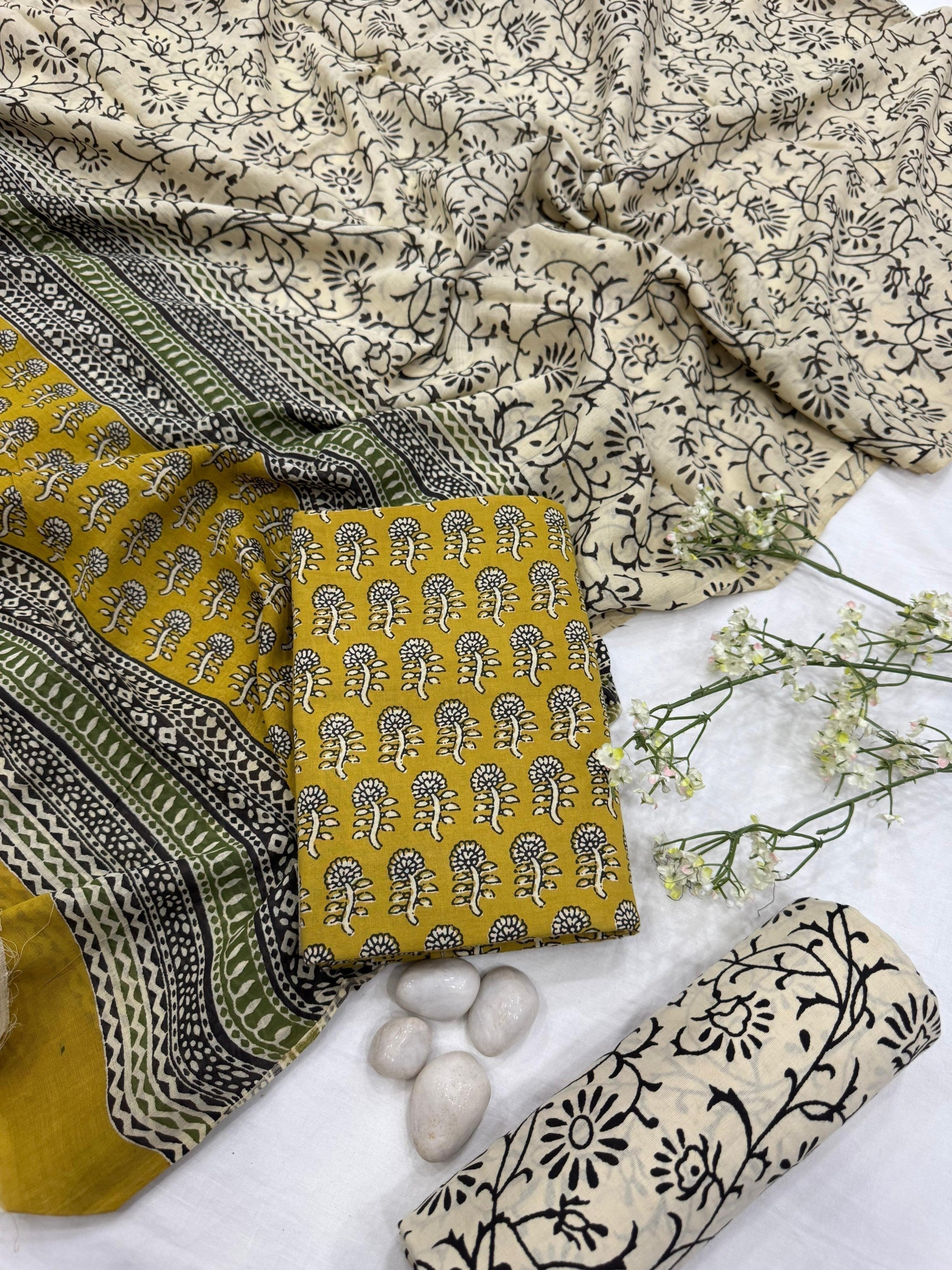 Wholesale Mustard Floral Cotton Mul Dress Material – Block Printed by Rajasthan Artisans for Designers, Boutiques, and Bulk Orders