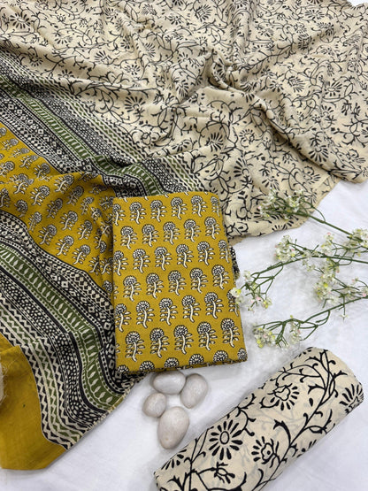 Wholesale Mustard Floral Cotton Mul Dress Material – Block Printed by Rajasthan Artisans for Designers, Boutiques, and Bulk Orders