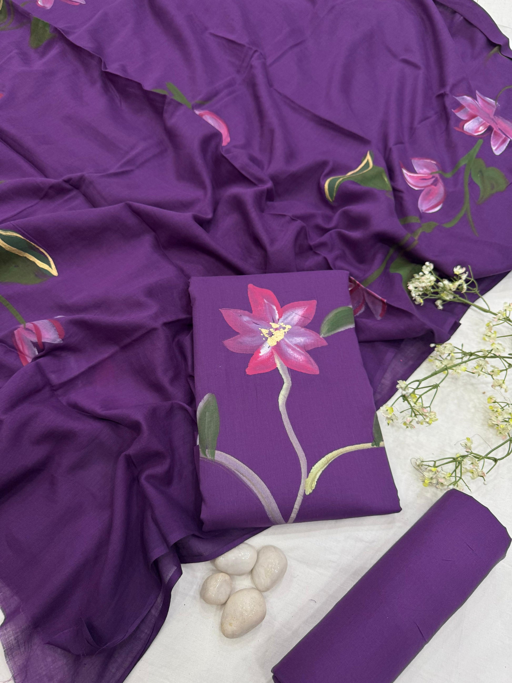 Wholesale Purple Handpainted Cotton Mul Dress Material – Artisan Handpainted Design, Crafted in Rajasthan for Designers, Boutiques, and Bulk Orders