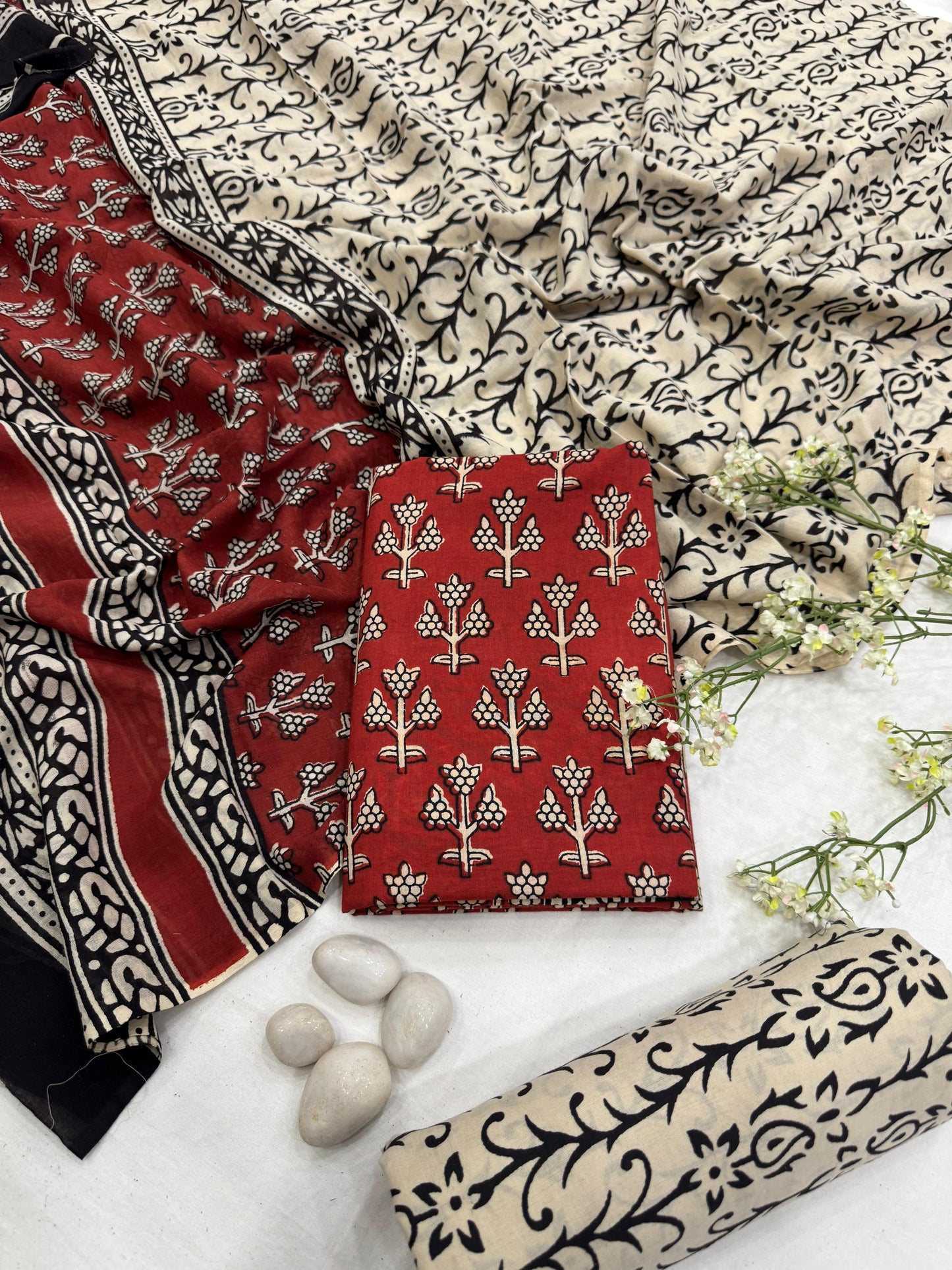 Wholesale Red Floral Handblock Printed Cotton Mul Dress Material – Traditional Indian Block Print, Artisan-Crafted in Rajasthan for Designers, Boutiques, and Bulk Orders