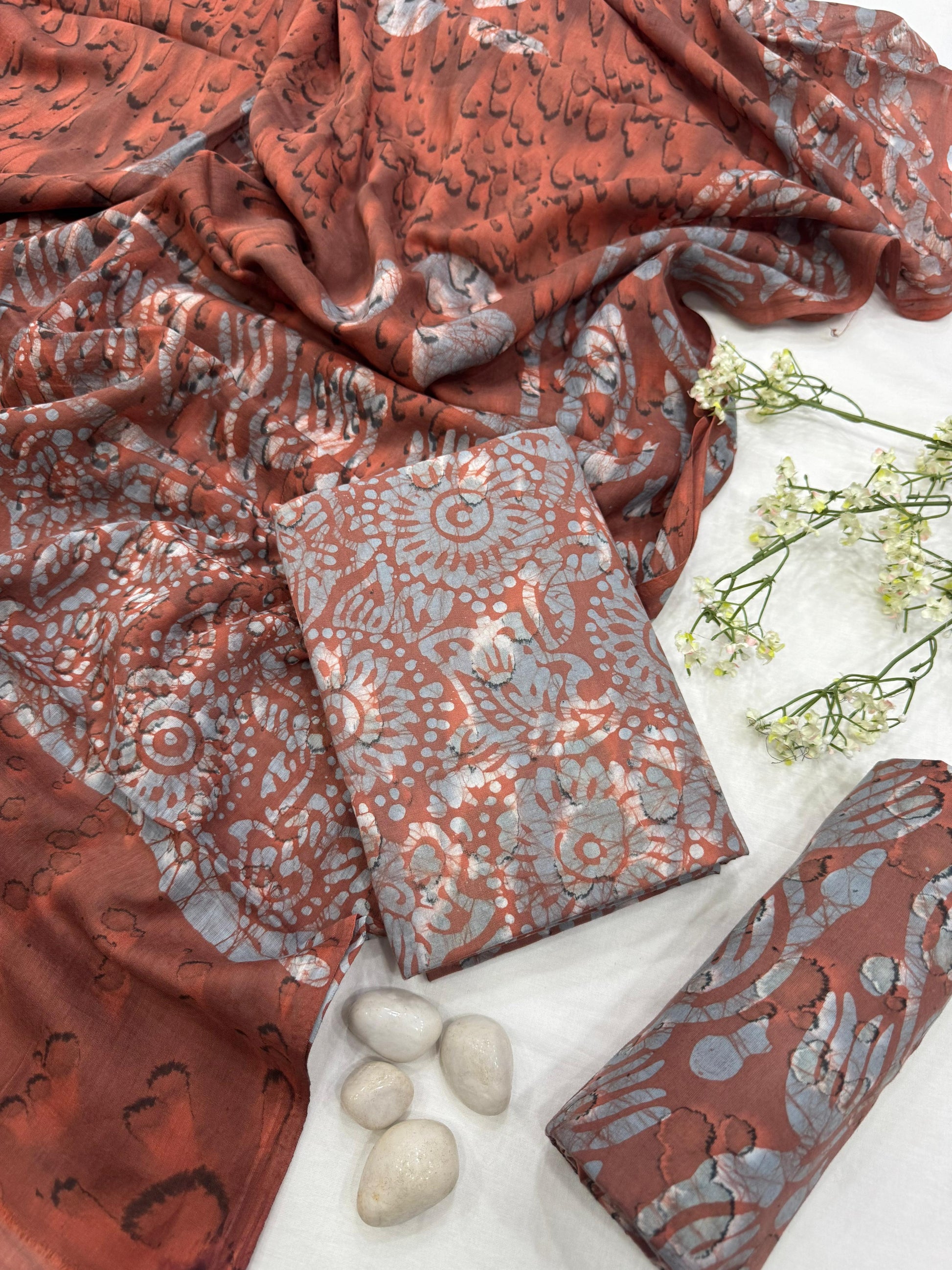 Wholesale Rust Abstract Design Handblock Printed Cotton Mul Dress Material – Artisan-Crafted in Rajasthan for Designers, Boutiques, and Bulk Orders