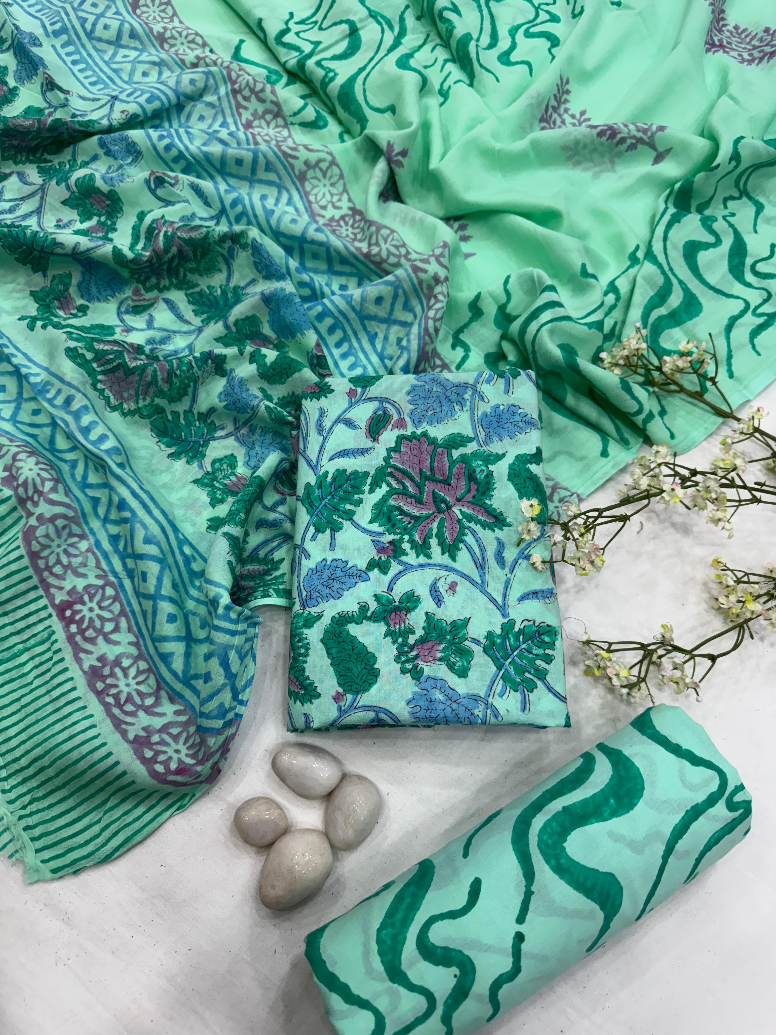 Wholesale Sea Green Floral Handblock Printed Cotton Mul Dress Material – Jaipur Artisan Work, Crafted in Rajasthan for Designers, Boutiques, and Bulk Orders