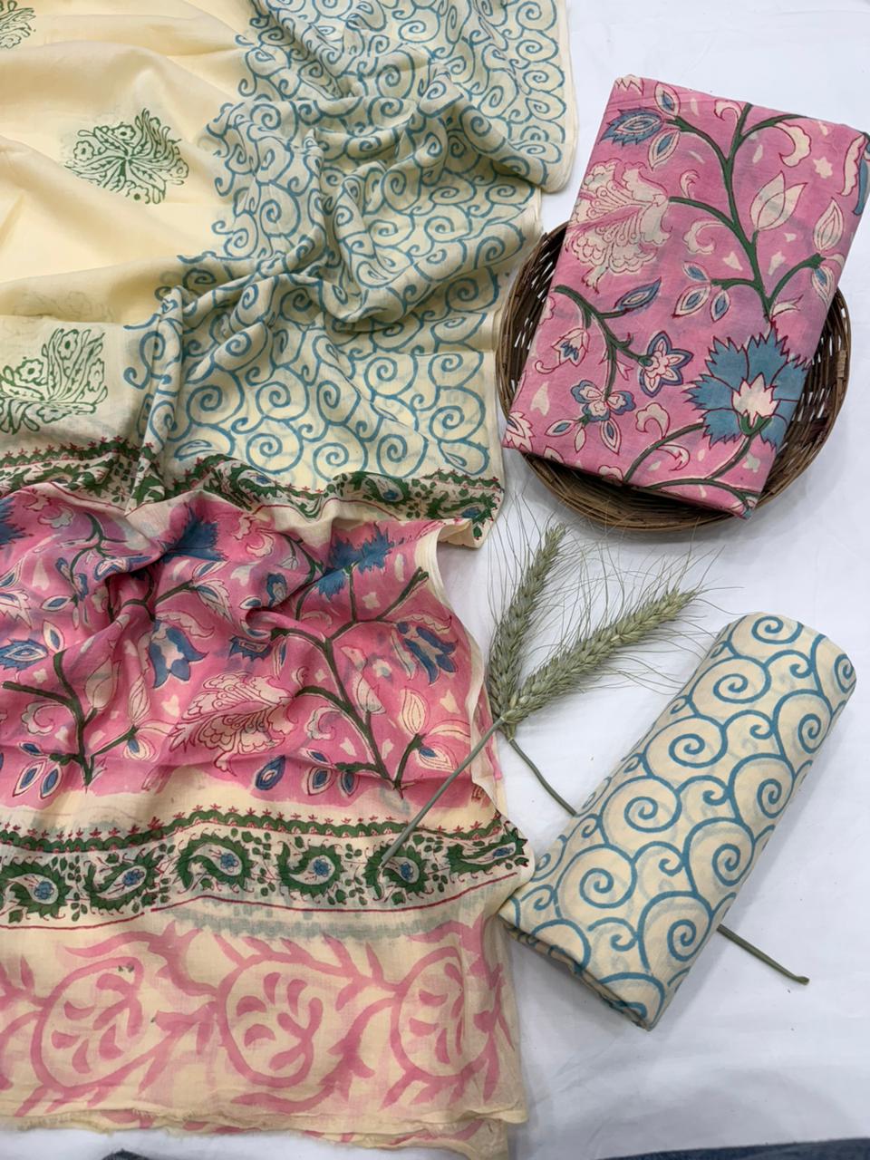 Cotton Mul Handblock Printed Dress Material Set Wholesale – MOQ 6 Pcs Assorted | Fabtexs
