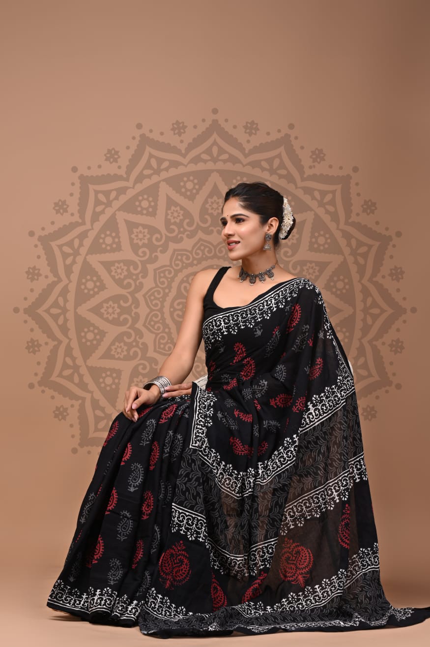 Cotton Malmal Handblock Printed Sarees Wholesale – Lightweight Cotton MUL Sarees