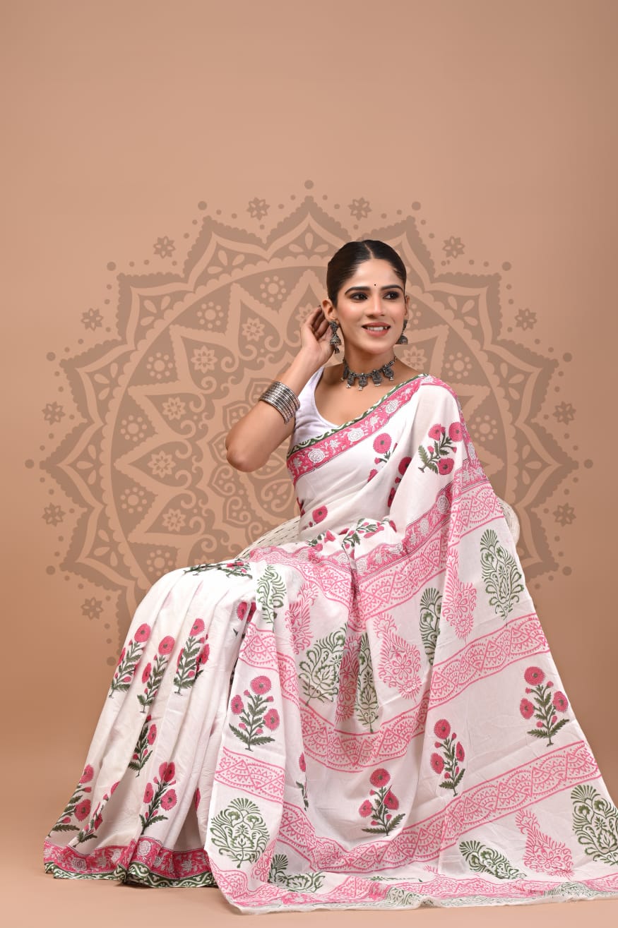 Cotton Malmal Handblock Printed Sarees Wholesale – Lightweight Cotton MUL Sarees