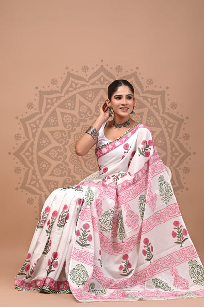Cotton Malmal Handblock Printed Sarees Wholesale – Lightweight Cotton MUL Sarees