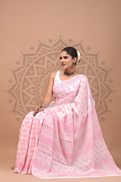 Pure Cotton Mul Handblock Printed Sarees Wholesale – Soft Malmal Sarees