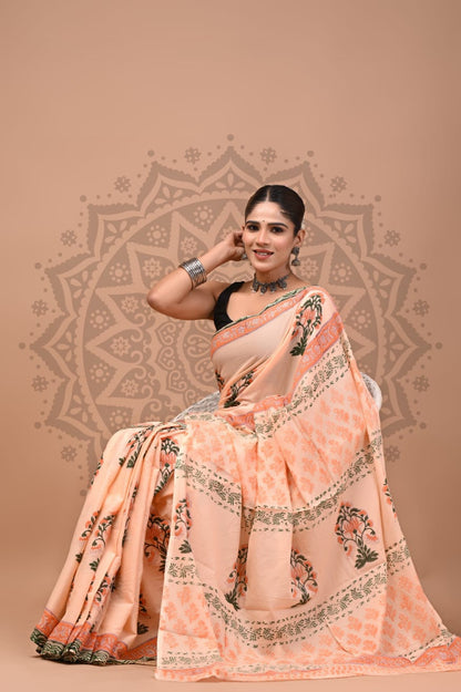 Pure Cotton Mul Handblock Printed Sarees Wholesale – Soft Malmal Sarees