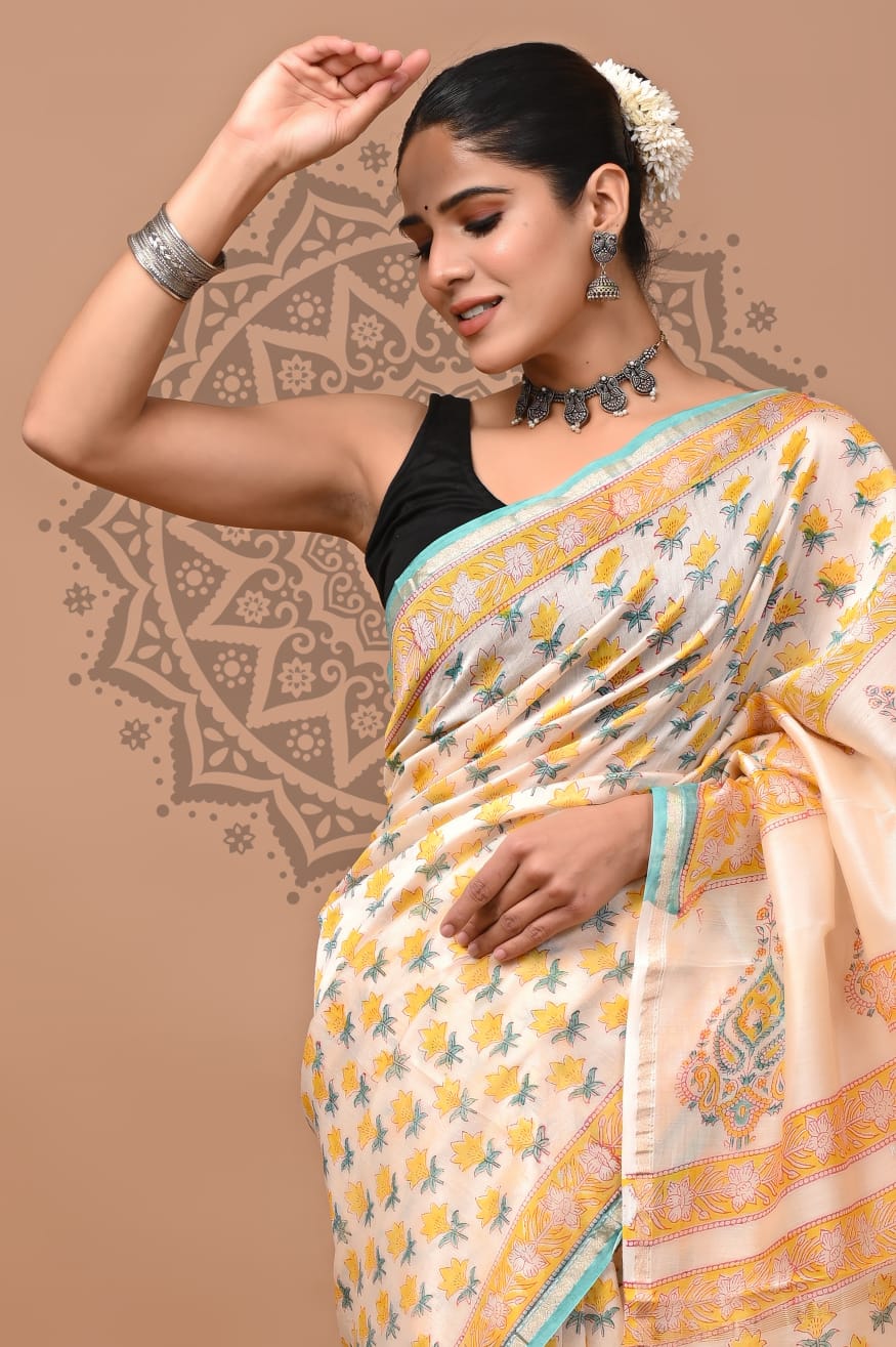 Natural Dyed Chanderi Silk Sarees Wholesale – Hand Block Printed with Blouse