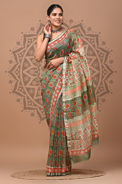 Natural Dyed Chanderi Silk Sarees Wholesale – Hand Block Printed with Blouse