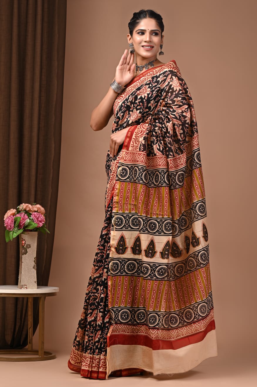 Natural Dyed Chanderi Silk Sarees Wholesale – Hand Block Printed with Blouse