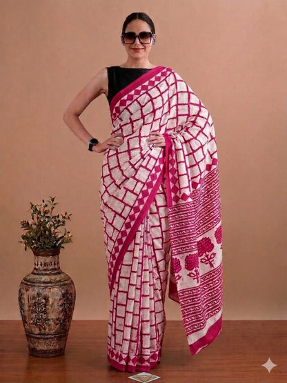 Hand Block Printed Cotton Mulmul Sarees Wholesale – Pure Mulmul with Running Blouse