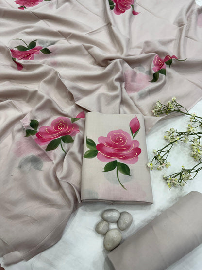 Wholesale White and Pink Handpainted Cotton Mul Dress Material – Artistic Design, Artisan-Crafted in Rajasthan for Designers, Boutiques, and Bulk Orders