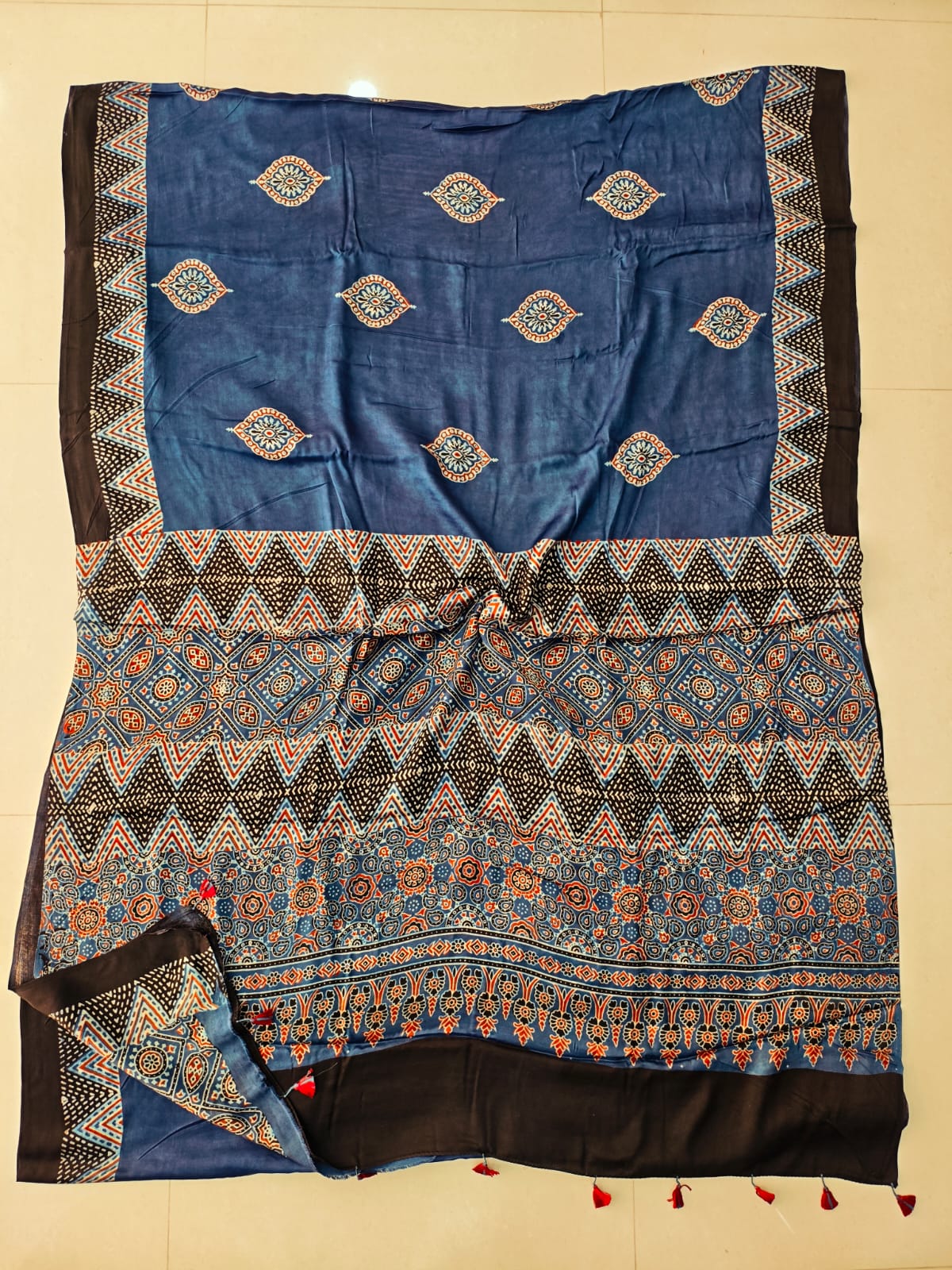 Black Ajrakh Handblock Printed Modal Silk Saree with Big Border Traditional Print – Wholesale Manufacturer India