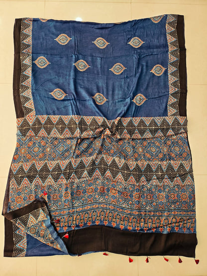 Black Ajrakh Handblock Printed Modal Silk Saree with Big Border Traditional Print – Wholesale Manufacturer India