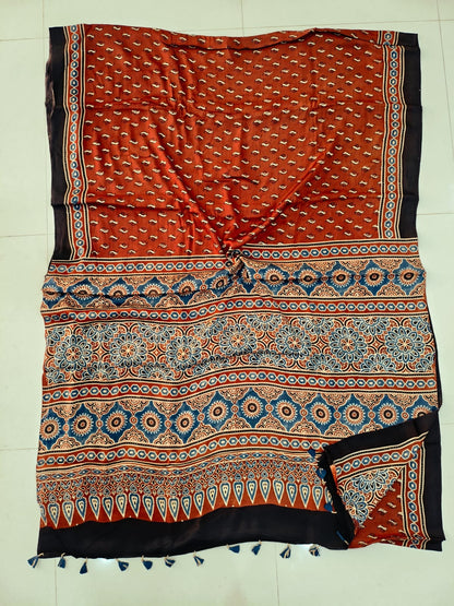 Black Ajrakh Handblock Printed Modal Silk Saree with Floral Butta Design from Kutch Gujarat – Wholesale & Manufacturer Fabtexs