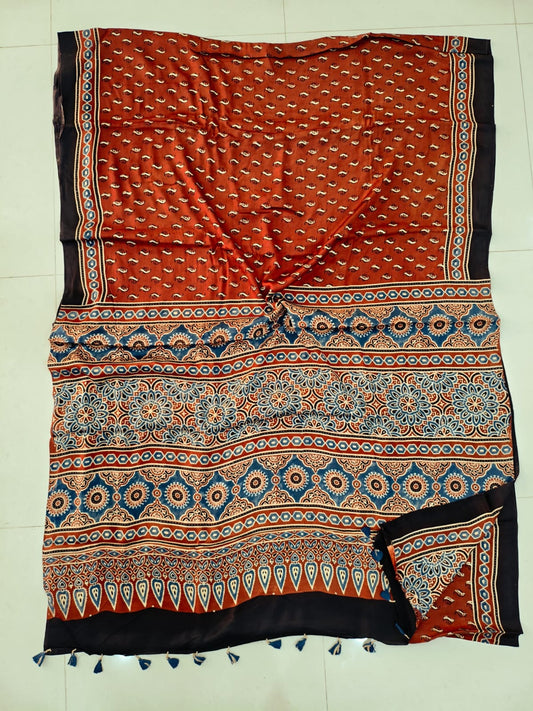 Black Ajrakh Handblock Printed Modal Silk Saree with Floral Butta Design from Kutch Gujarat – Wholesale & Manufacturer Fabtexs