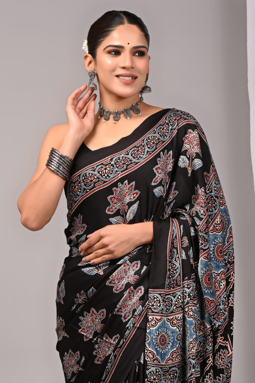 Black Ajrakh Handblock Printed Modal Silk Saree with Floral Butta Design from Kutch Gujarat – Wholesale & Manufacturer Fabtexs