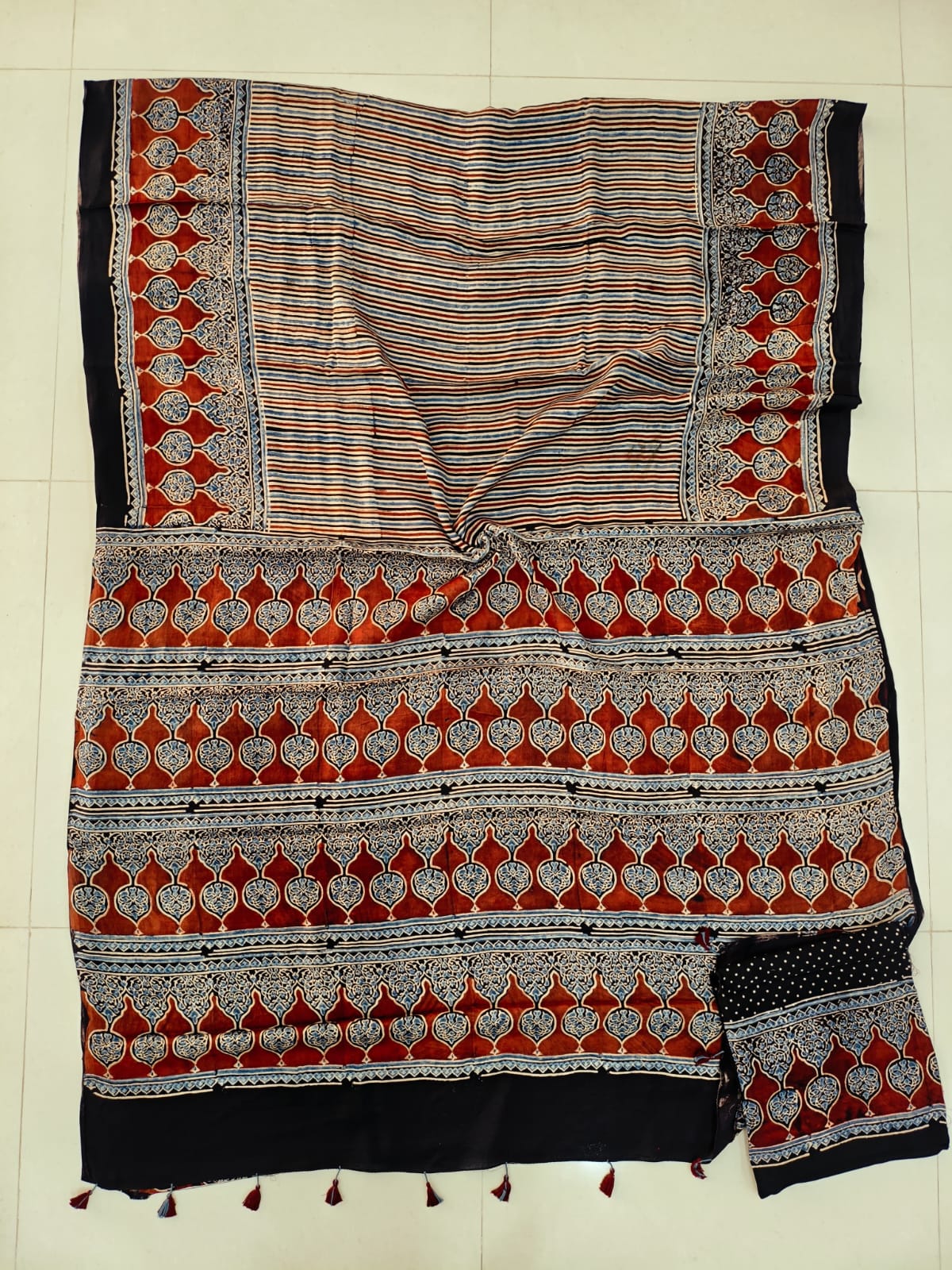 Half Black Half Red Ajrakh Handblock Printed Saree with Traditional Jaal Pattern – Modal Silk Natural Dye from Gujarat