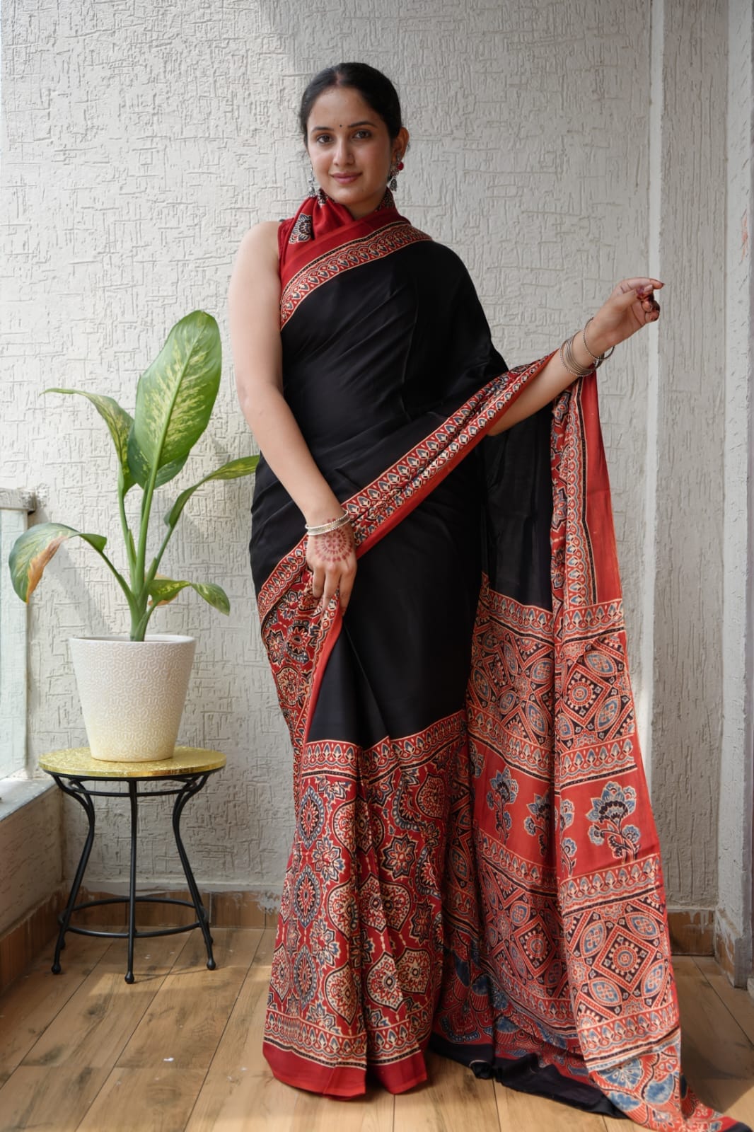Half Black Half Red Ajrakh Handblock Printed Saree with Traditional Jaal Pattern – Modal Silk Natural Dye from Gujarat