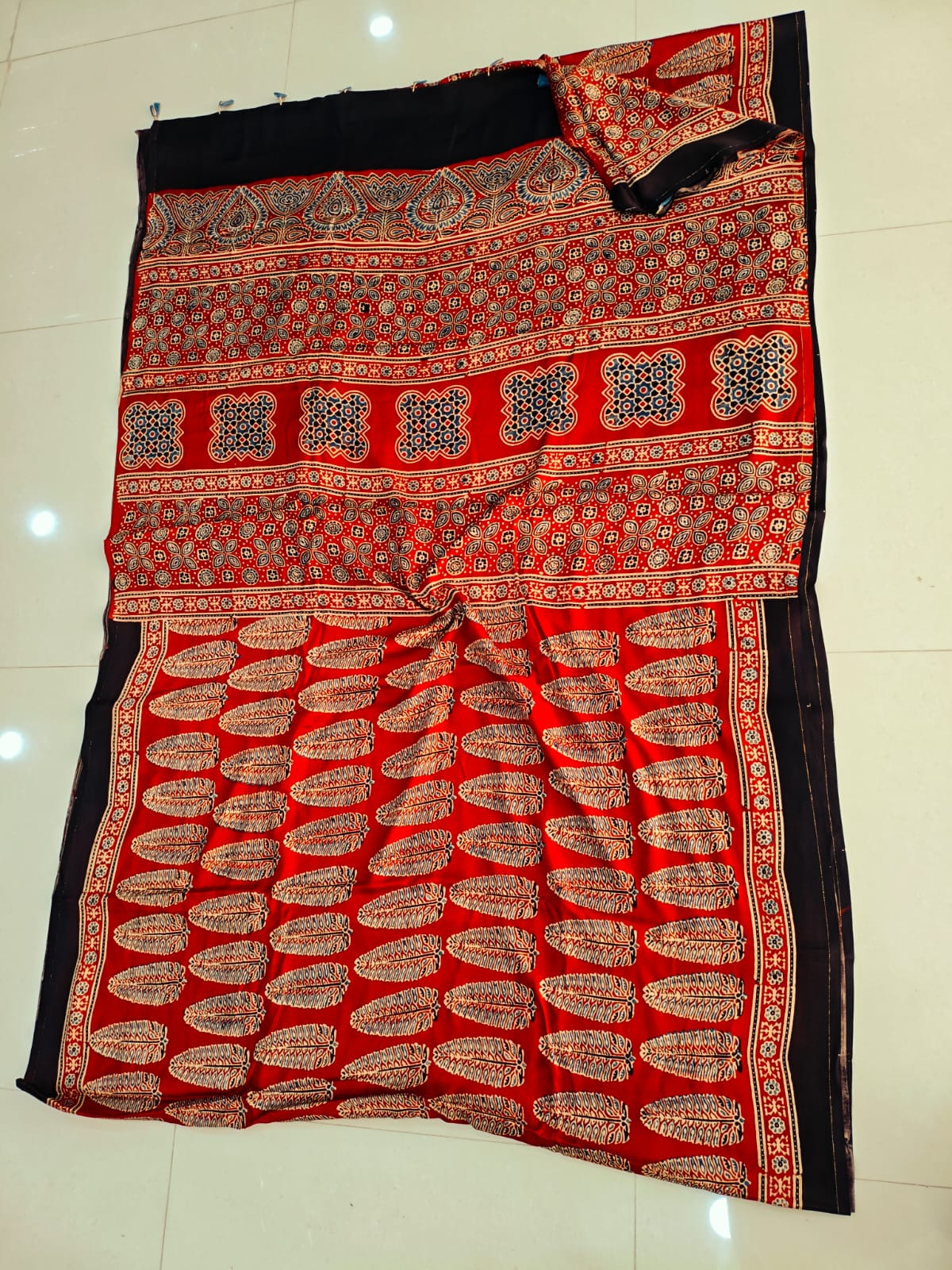 Black Ajrakh Jaal Print Modal Silk Saree with Big Border – Handblock Printed Natural Dye Ajrakh