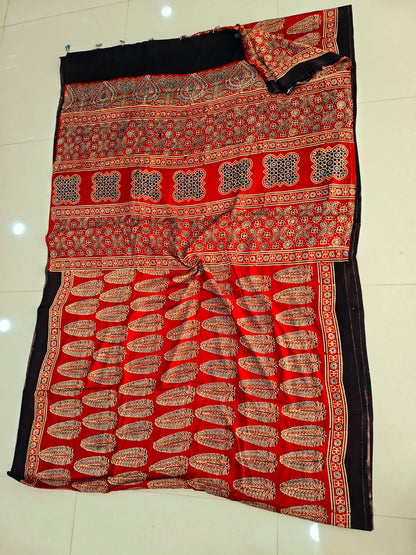 Black Ajrakh Jaal Print Modal Silk Saree with Big Border – Handblock Printed Natural Dye Ajrakh