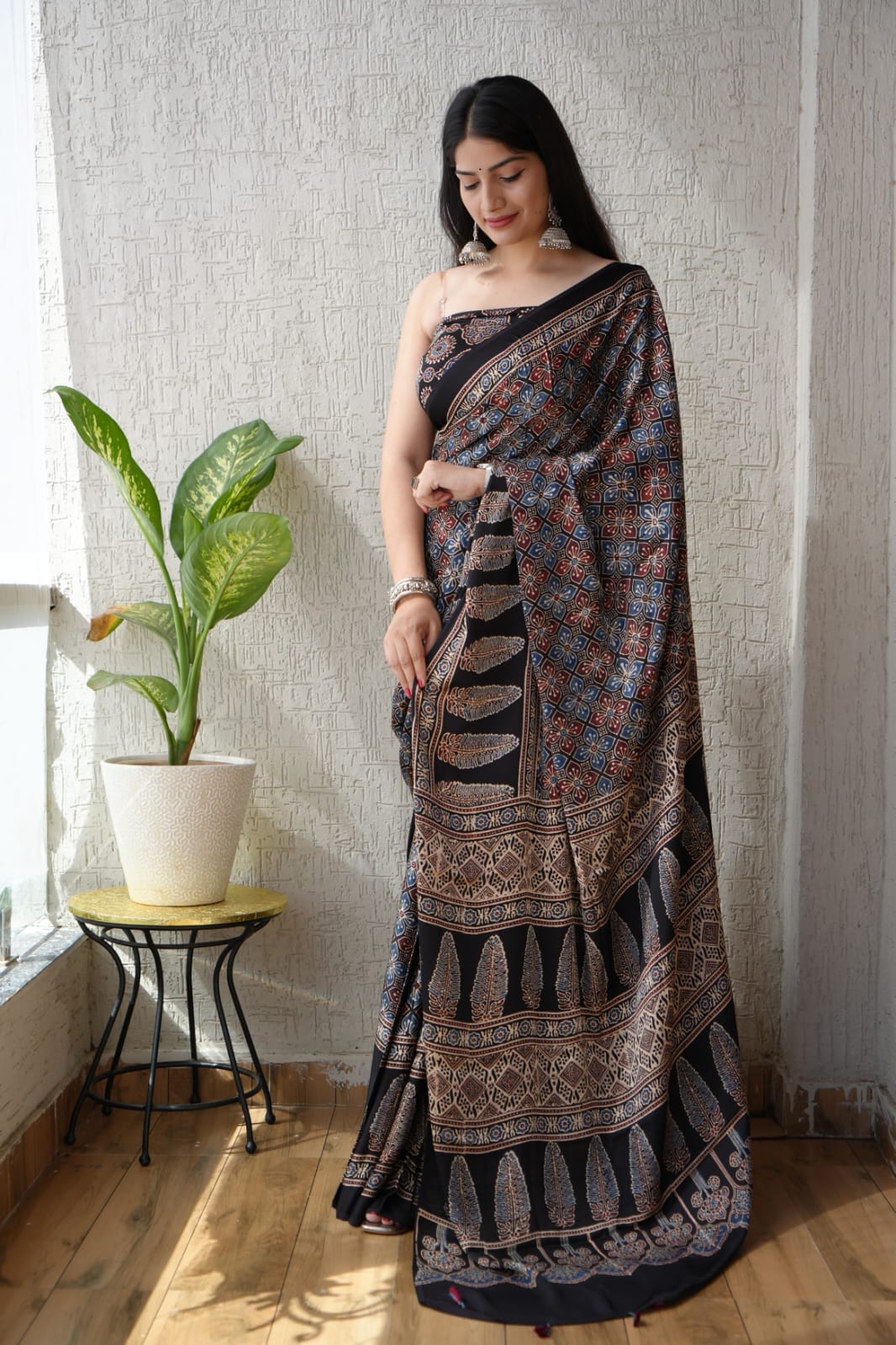 Black Ajrakh Jaal Print Modal Silk Saree with Big Border – Handblock Printed Natural Dye Ajrakh