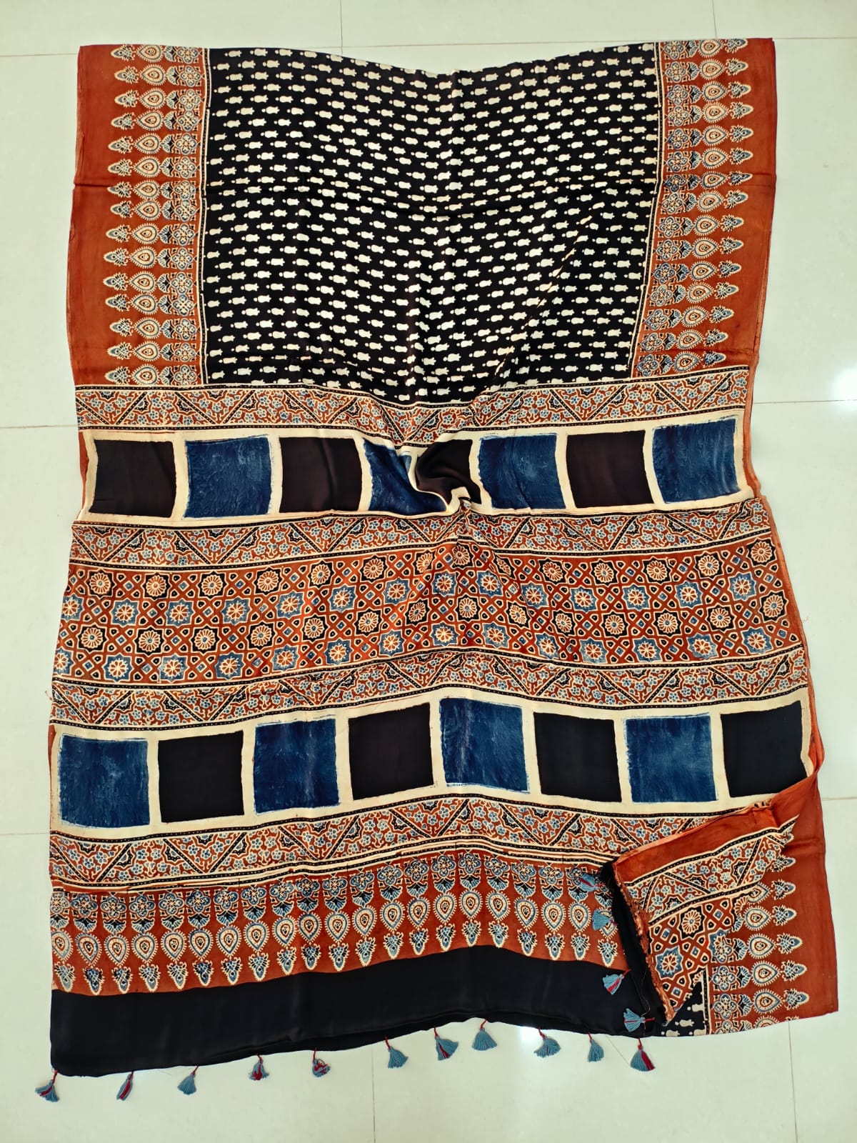 Black and Maroon Striped Ajrakh Handblock Printed Saree in Modal Silk – Authentic Kutch Craftsmanship for Retailers and Boutiques