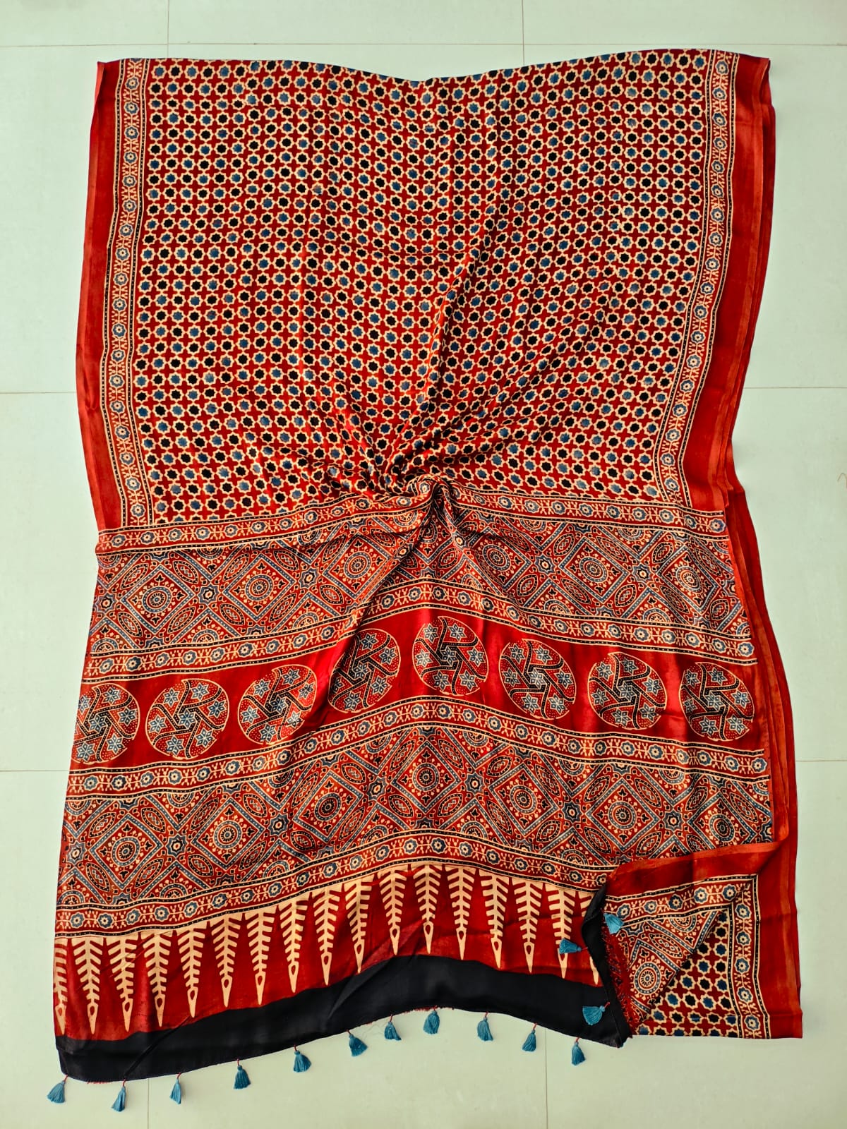 Brown Ajrakh Handblock Printed Saree with All-over Jaal Motif in Modal Silk – Wholesale Manufacturer from Kutch