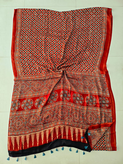 Brown Ajrakh Handblock Printed Saree with All-over Jaal Motif in Modal Silk – Wholesale Manufacturer from Kutch