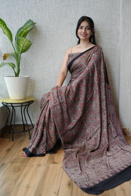 Brown Ajrakh Handblock Printed Saree with All-over Jaal Motif in Modal Silk – Wholesale Manufacturer from Kutch