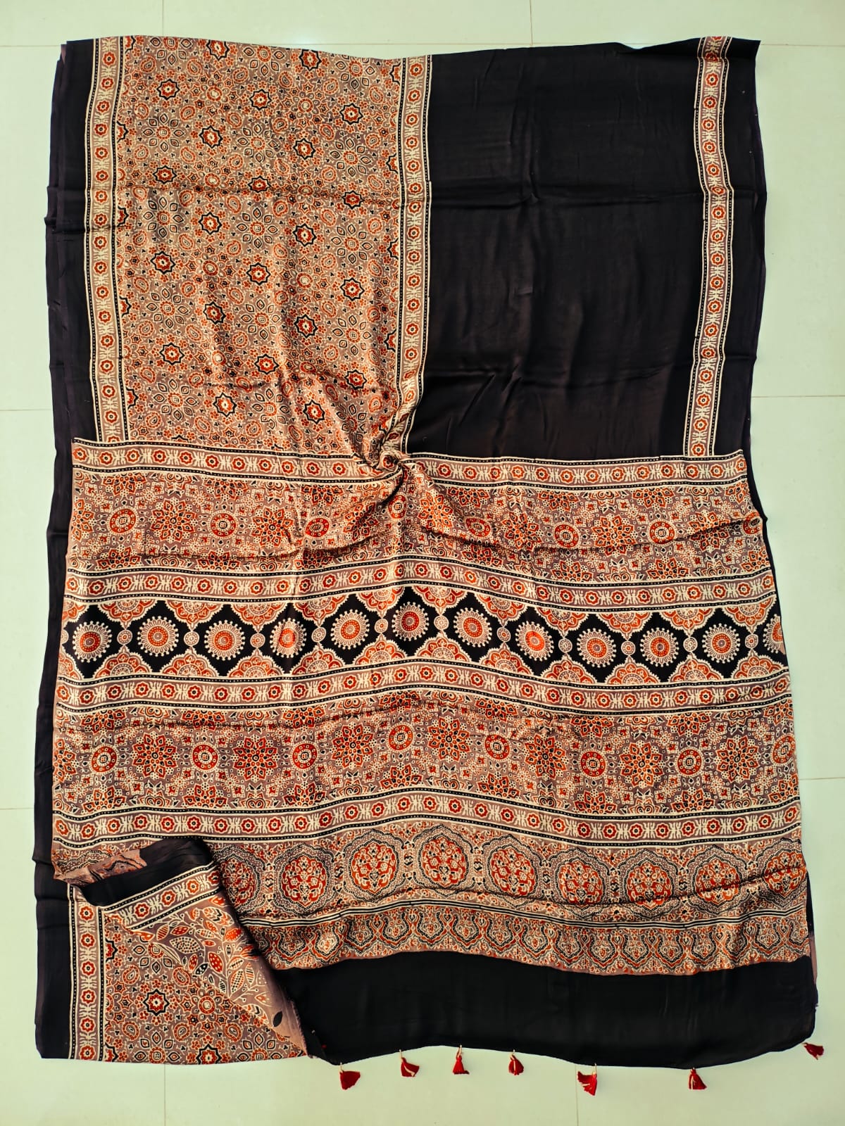 Brown All-over Jaal Ajrakh Print Handblock Saree – Modal Silk Natural Dye Wholesale Manufacturer