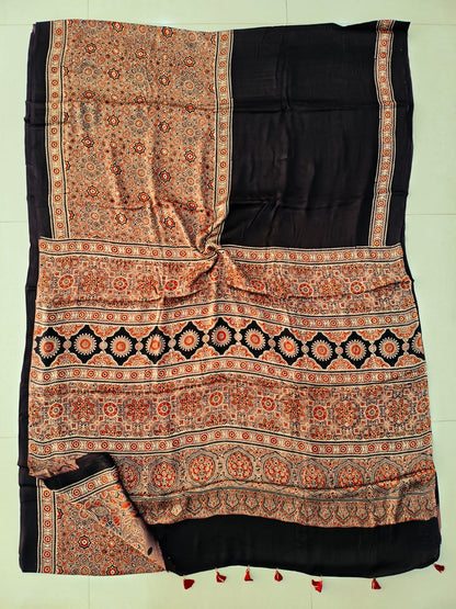 Brown All-over Jaal Ajrakh Print Handblock Saree – Modal Silk Natural Dye Wholesale Manufacturer