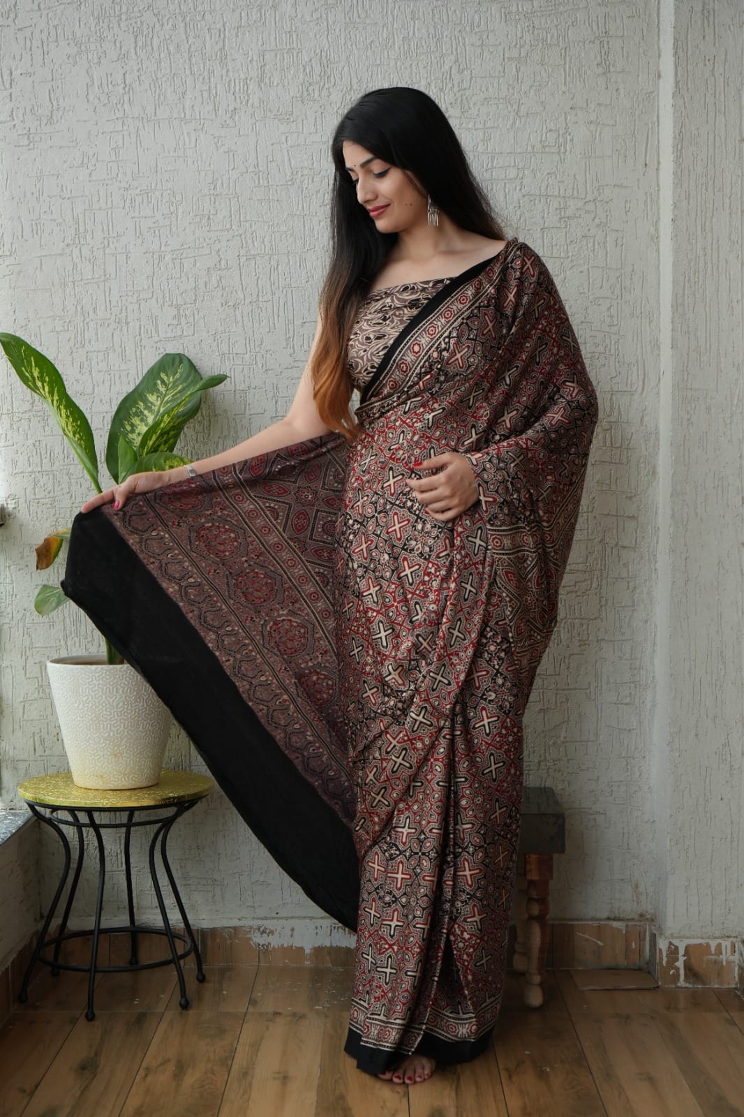 Brown All-over Jaal Ajrakh Print Handblock Saree – Modal Silk Natural Dye Wholesale Manufacturer