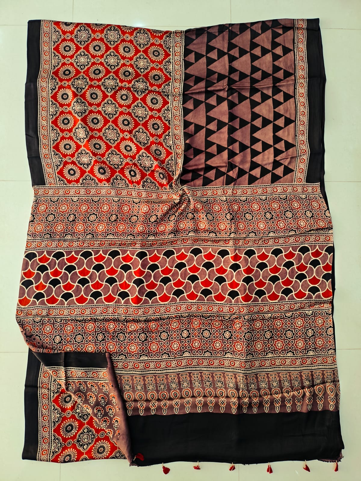 Brown Barik Jaal Ajrakh Handblock Printed Modal Silk Saree – Fine Traditional Weave Natural Dye