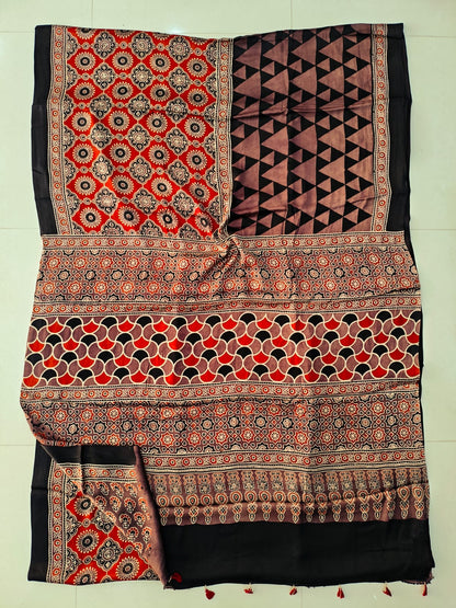 Brown Barik Jaal Ajrakh Handblock Printed Modal Silk Saree – Fine Traditional Weave Natural Dye