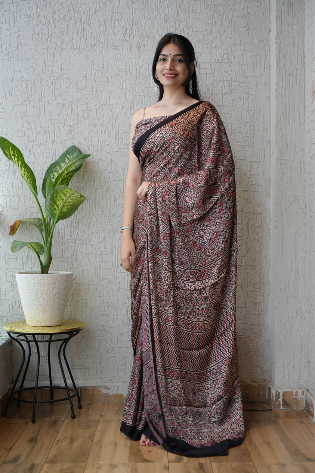 Brown Barik Jaal Ajrakh Handblock Printed Modal Silk Saree – Fine Traditional Weave Natural Dye