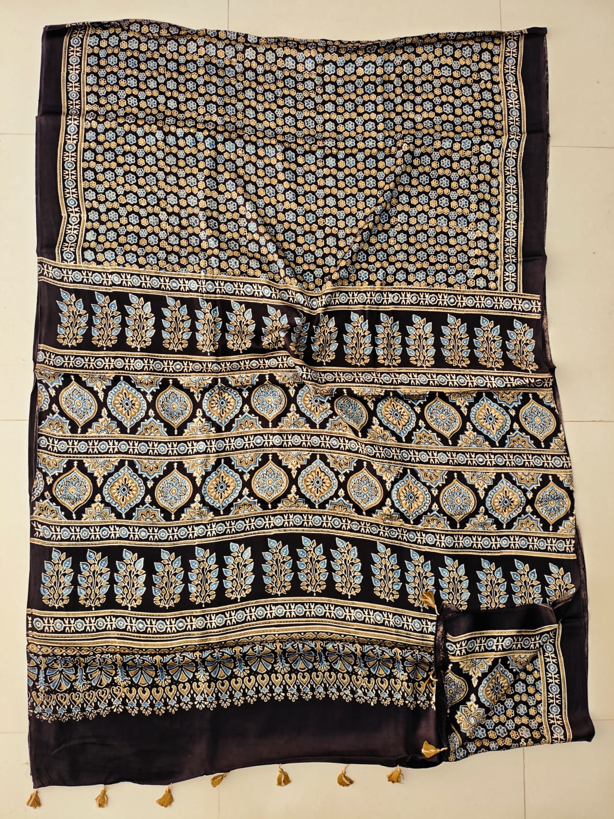 Brown Ajrakh Floral Jaal Handblock Printed Modal Silk Saree – Authentic Kutch Ajrakh Design